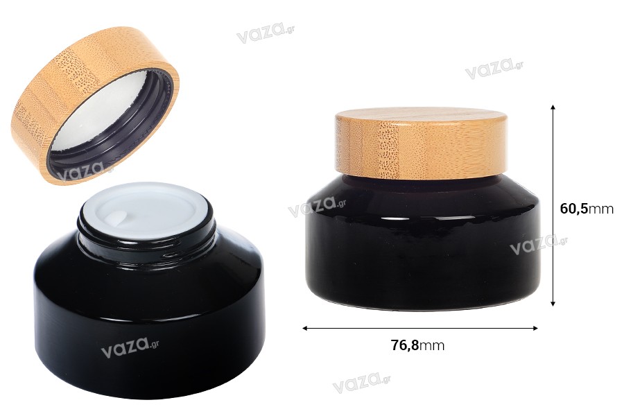 Glass jar for cream 100 ml in black color with bamboo cap and plastic gasket