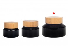 Glasbehälter für Creme 100 ml in schwarzer Farbe mit Bambusdeckel und Kunststoffverschluss