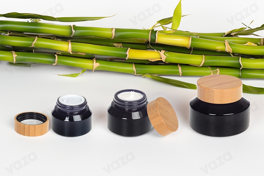 Barattolo di vetro per crema da 100 ml di colore nero con coperchio in bambù e sigillo in plastica-gruppo_immagini