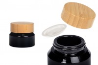 Glass jar for cream 30 ml in black color with bamboo cap and plastic gasket
