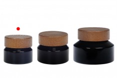 Glasdose für Creme 30 ml in schwarzer Farbe mit Holzdeckel und Kunststoffverschluss