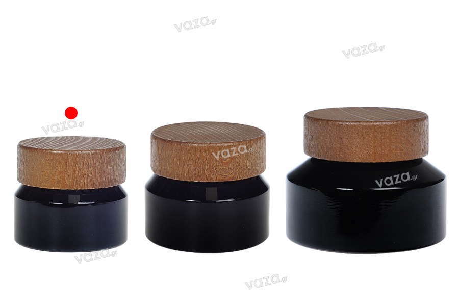 Glass jar for cream 30 ml in black color with wooden cap and plastic gasket