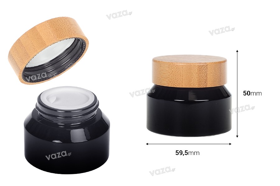 Glasbehälter für Creme 50 ml in schwarzer Farbe mit Bambusdeckel und Kunststoffverschluss