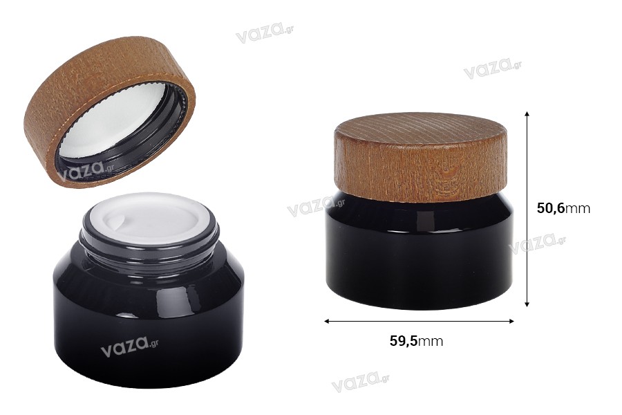 Glass jar for cream 50 ml in black color with wooden cap and plastic gasket