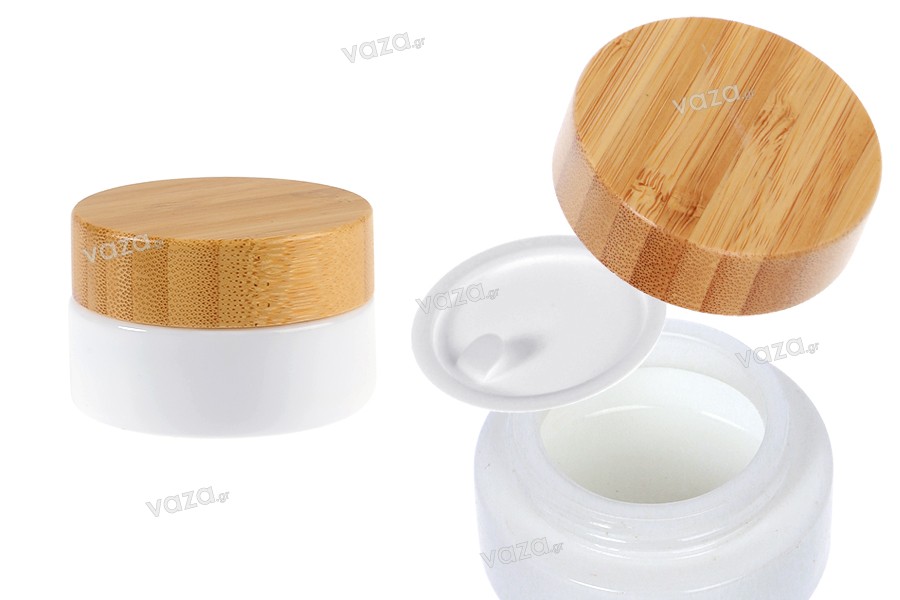 Βαζάκι γυάλινο για κρέμα 30 ml σε λευκό χρώμα με bamboo καπάκι και πλαστικό παρέμβυσμα