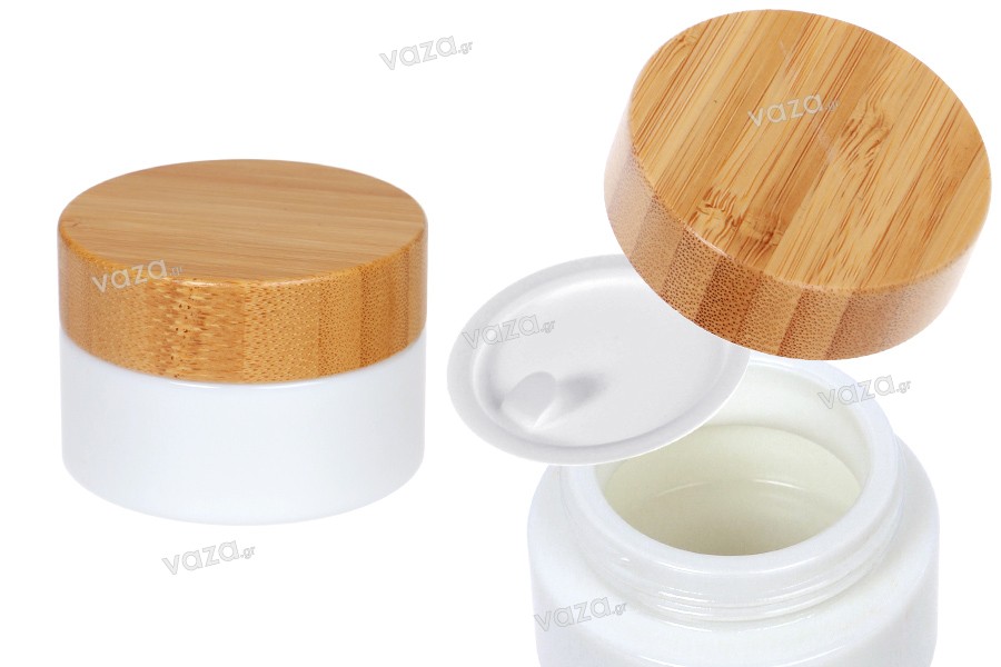 Glass jar for cream 50 ml in white color with bamboo lid and plastic seal