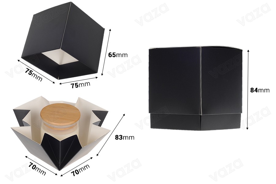 Papierverpackungsbox (400 g) 70 x 70 x 83 mm in Farbe Schwarz matt – 20 Stück Papierverpackungsbox (400 g) 70 x 70 x 83 mm in Farbe Schwarz matt – 20 Stück-bildabmessungen