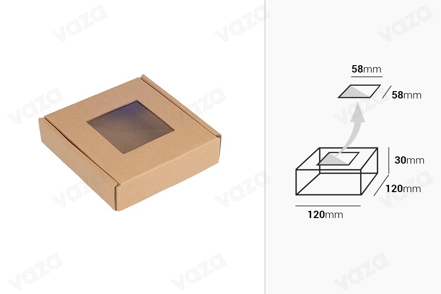 120x120x30 mm Kraftpapier-Verpackungsbox mit Sichtfenster - 20 Stück 120x120x30 mm Kraftpapier-Verpackungsbox mit Sichtfenster - 20 Stück-εικόνα_διαστάσεις