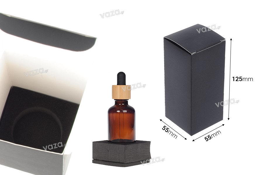 Χάρτινο μαύρο ματ κουτάκι συσκευασίας 55x55x125 mm με εσωτερική foam θήκη για μπουκάλια αιθέριων ελαίων 50 ml - 20 τμχ