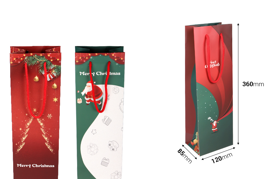 Sac en papier de Noël 120x85x360mm pour bouteilles de vin de différents modèles - 12 pcs Sac en papier de Noël 120x85x360mm pour bouteilles de vin de différents modèles - 12 pcs