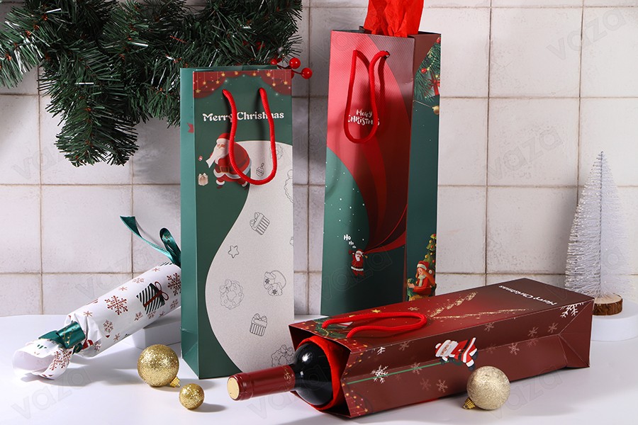 Weihnachtspapiertüte 120x85x360 mm für Weinflaschen in verschiedenen Designs - 12 Stk-εικόνα_σύνθεση