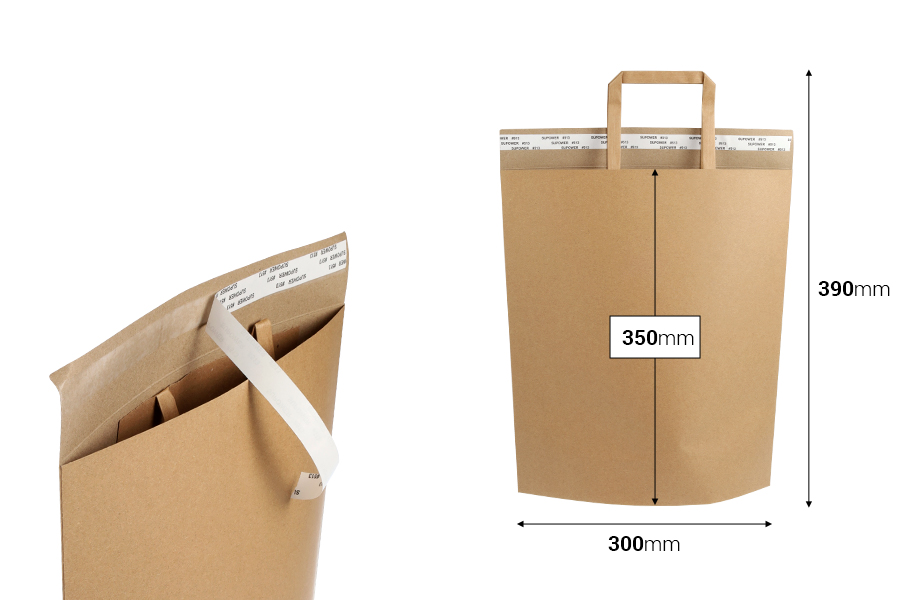 Sac en papier (300 300gsm) 300 x 350 mm avec poignée intérieure et fermeture autocollante - 20 pièces Sac en papier (300 300gsm) 300 x 350 mm avec poignée intérieure et fermeture autocollante - 20 pièces