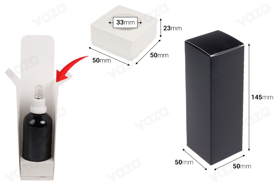 Papierverpackungsbox 50x50x145 mm mit innerer Schaumstofftasche für ätherische Ölflaschen 100ml - 20 Stück Papierverpackungsbox 50x50x145 mm mit innerer Schaumstofftasche für ätherische Ölflaschen 100ml - 20 Stück-bildabmessungen