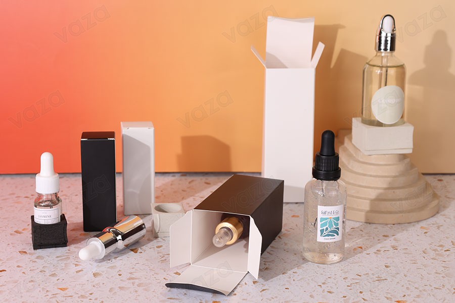 Papierverpackungsbox 50 x 50 x 110 mm mit innerer Schaumstofftasche für ätherische Ölflaschen 30 ml - 20 Stück-εικόνα_σύνθεση