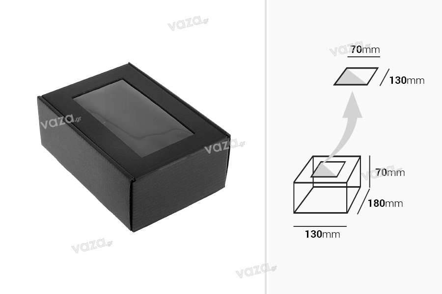 Κουτί συσκευασίας μαύρο από χαρτί κραφτ με παράθυρο 130x180x70 mm - 20 τμχ