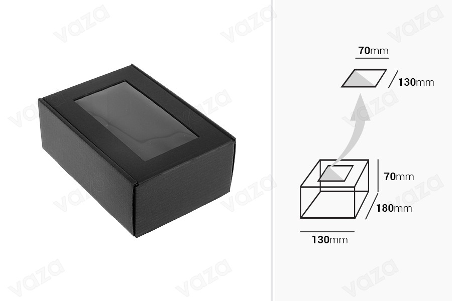 Schwarze Verpackungsbox aus Kraftpapier mit Sichtfenster 130x180x70 mm - 20 Stk Schwarze Verpackungsbox aus Kraftpapier mit Sichtfenster 130x180x70 mm - 20 Stk-bildabmessungen