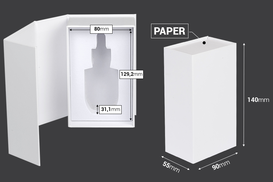 Boîte en papier blanc avec fermeture magnétique 90x140x55 mm (pour flacons de 30 ml code : 1020-70-0)