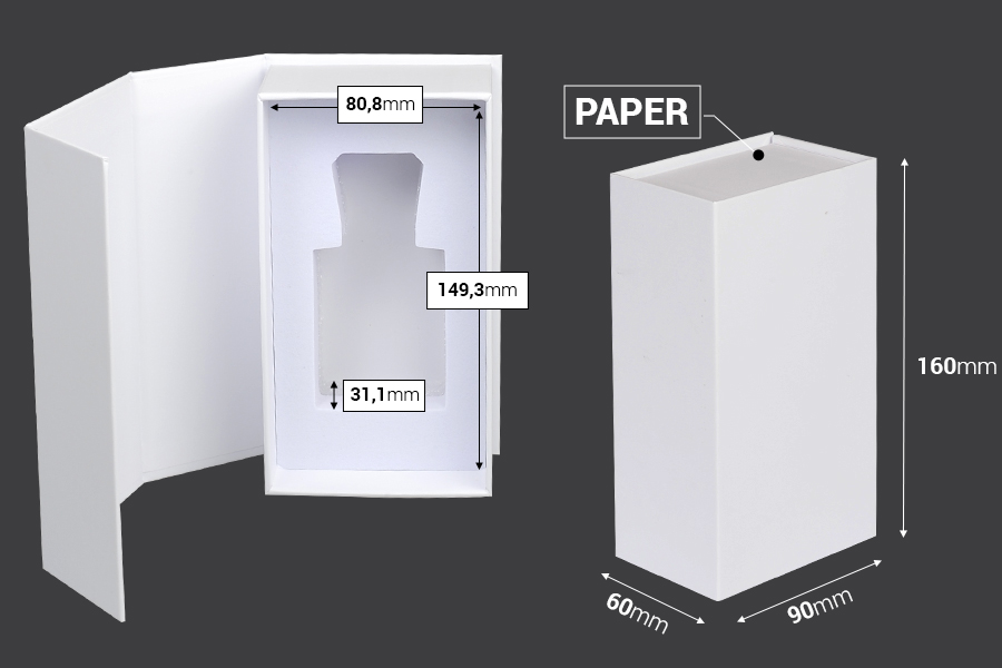 Boîte en papier blanc avec fermeture magnétique 90x160x60 mm (pour flacons de 50 ml code : 315-7-50 et 1110-9-50-1-0)) Boîte en papier blanc avec fermeture magnétique 90x160x60 mm (pour flacons de 50 ml code : 315-7-50 et 1110-9-50-1-0))