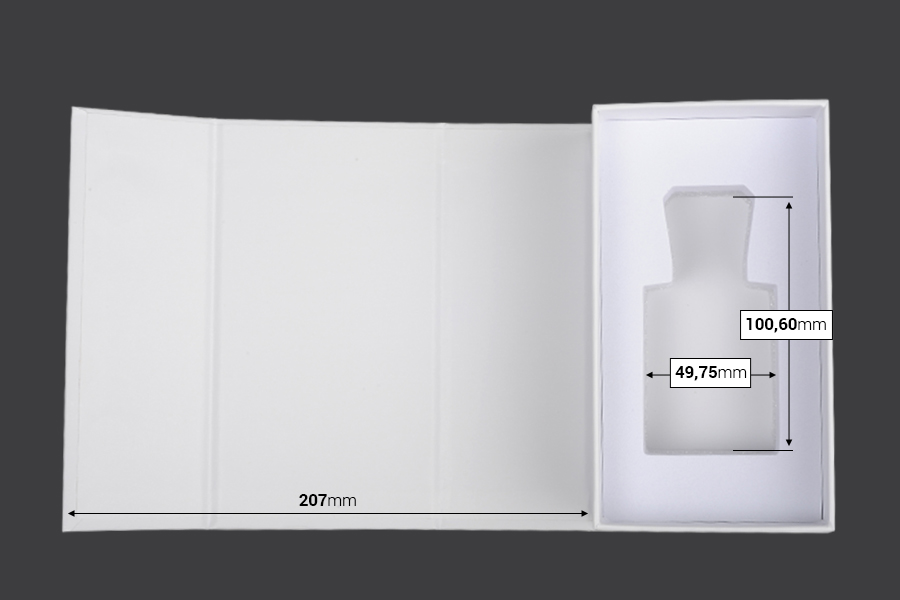 Boîte en papier blanc avec fermeture magnétique 90x160x60 mm (pour flacons de 50 ml code : 315-7-50 et 1110-9-50-1-0)) Boîte en papier blanc avec fermeture magnétique 90x160x60 mm (pour flacons de 50 ml code : 315-7-50 et 1110-9-50-1-0))