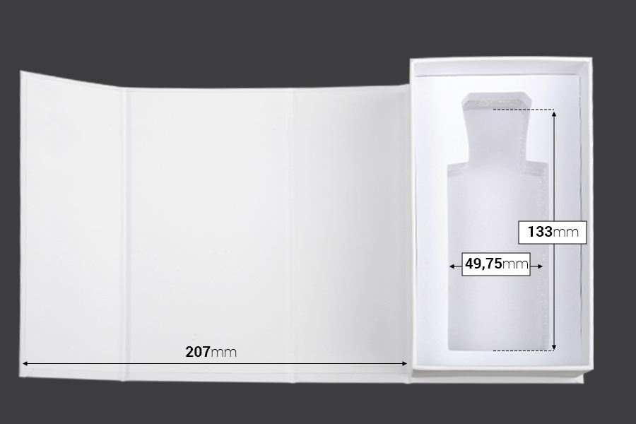 Boîte en papier blanc avec fermeture magnétique 90x160x60 mm (pour flacons de 100 ml code : 315-7-100 et 1110-9-100-1-0) Boîte en papier blanc avec fermeture magnétique 90x160x60 mm (pour flacons de 100 ml code : 315-7-100 et 1110-9-100-1-0)