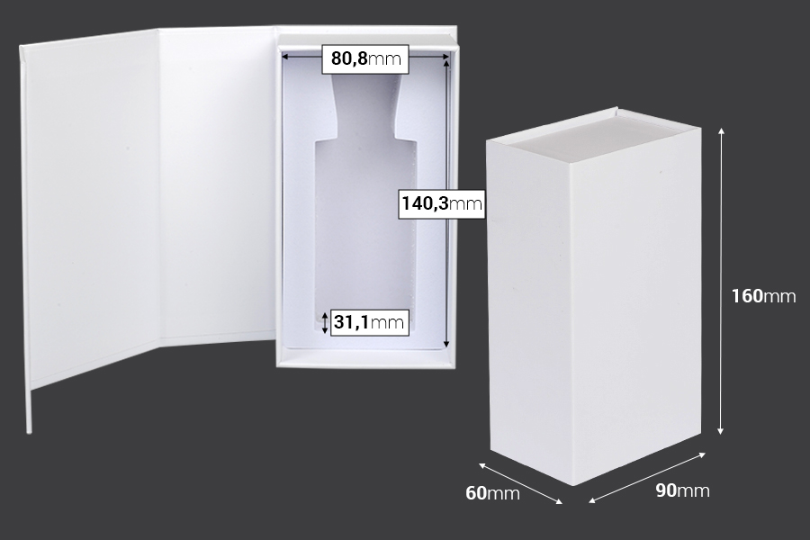 Boîte en papier blanc avec fermeture magnétique 90x160x60 mm (pour flacons de 100 ml code : 315-7-100 et 1110-9-100-1-0) Boîte en papier blanc avec fermeture magnétique 90x160x60 mm (pour flacons de 100 ml code : 315-7-100 et 1110-9-100-1-0)