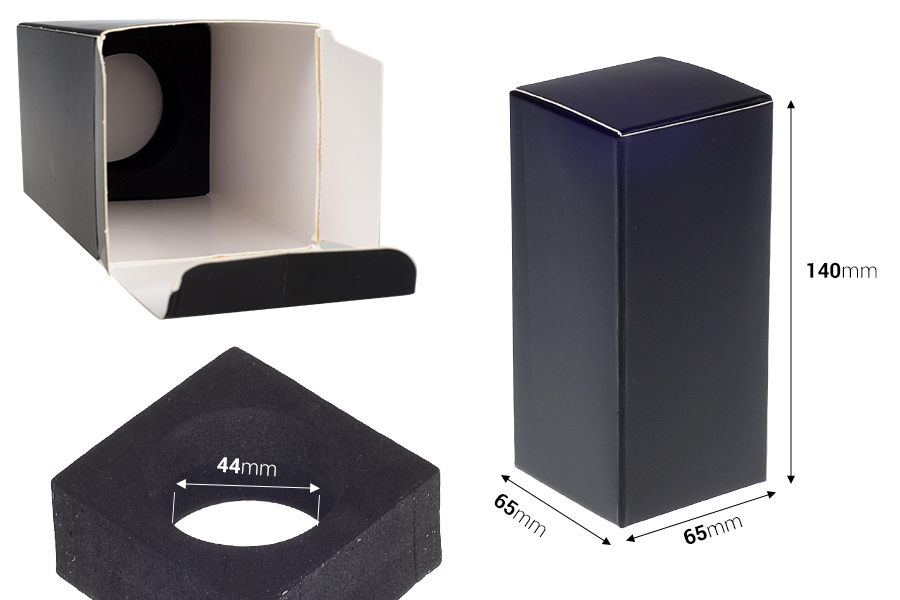 Verpackungsbox (500 g) 65 x 65 x 140 mm in der Farbe Schwarz matt mit Innenschaumboden für Flaschen mit einem Durchmesser von 44 mm – 20 Stück