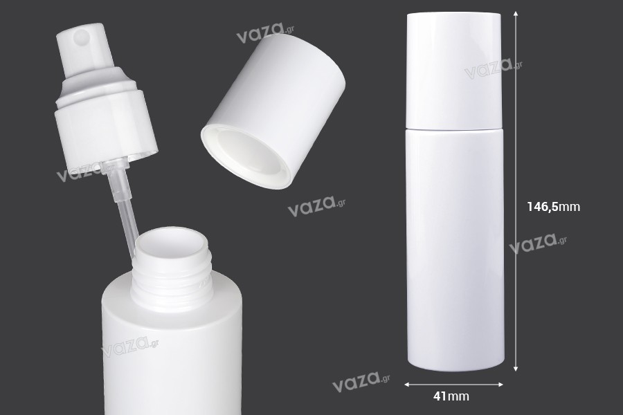 Flacon 100 ml en plastique (PET) blanc avec spray et bouchon - 6 pcs