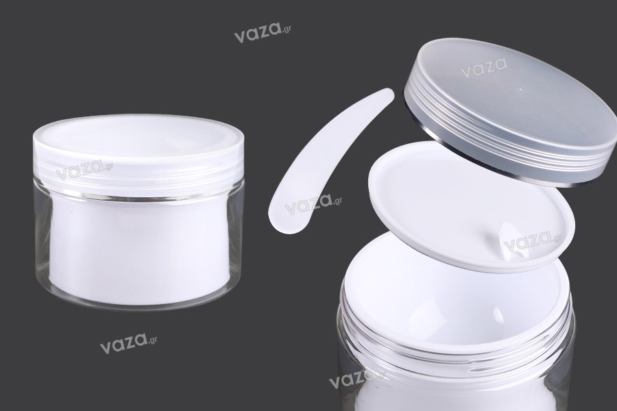 Two-legged cream jar 150 ml plastic with lid, plastic seal and spatula - 6 pcs