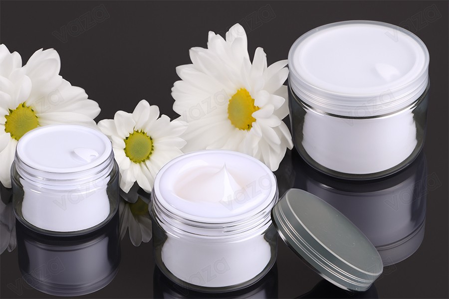 Vazo kremi me dy ndarje 250 ml plastik me kapak, tapë plastike dhe spatul - 6 copë Vazo kremi me dy ndarje 250 ml plastik me kapak, tapë plastike dhe spatul - 6 copë-εικόνα_σύνθεση