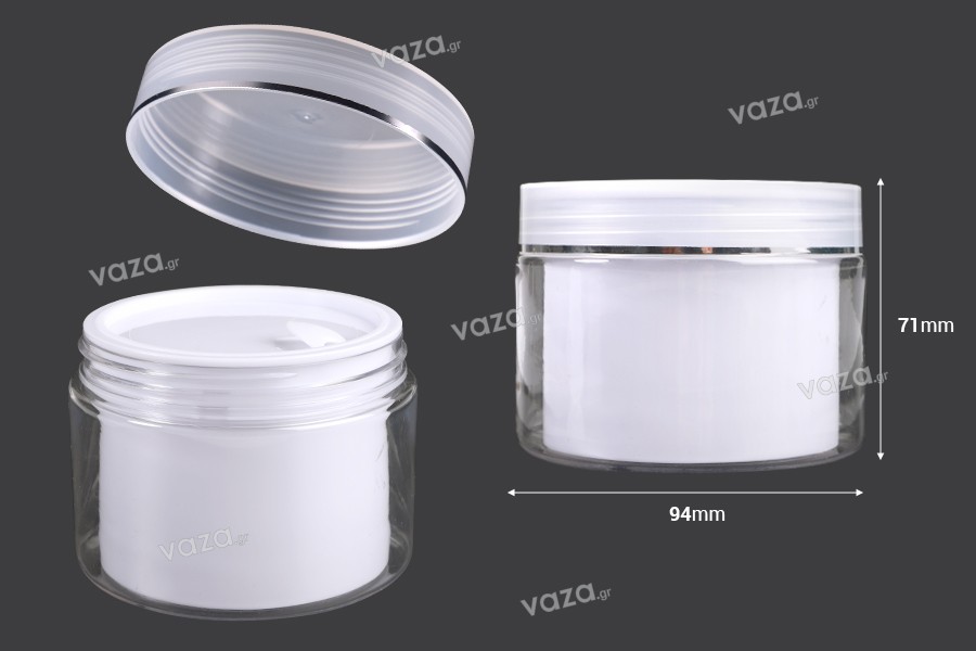 Two-legged cream jar 200 ml plastic with lid, plastic seal and spatula - 6 pcs