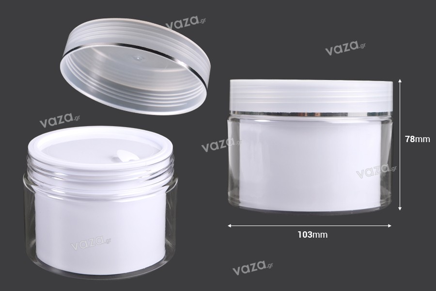 Two-legged cream jar 250 ml plastic with lid, plastic seal and spatula - 6 pcs