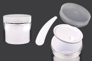 Zweibeiniger Cremetiegel 500 ml aus Kunststoff mit Deckel, Kunststoffverschluss und Spatel - 6 Stk-produktbild