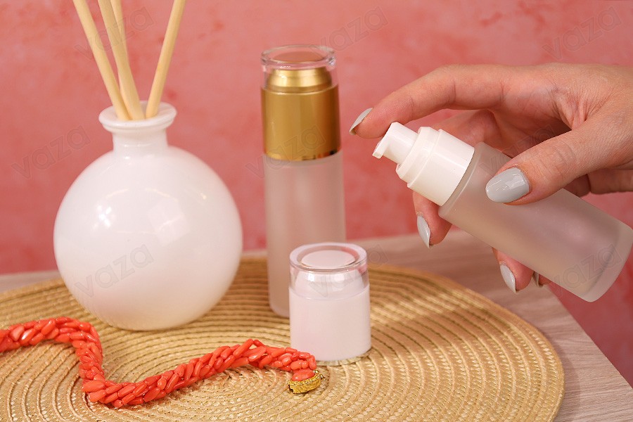 50ml frosted glass bottle with pump and white or satin gold cap 50ml frosted glass bottle with pump and white or satin gold cap-image_group