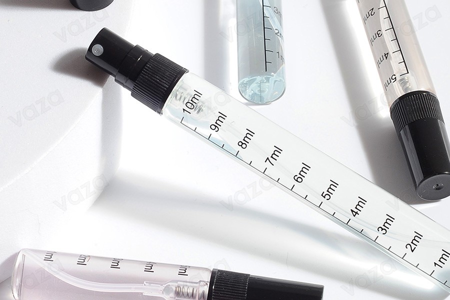 Clear glass bottle 5 ml with graduation, plastic spray and cap - 6 pcs-image_group
