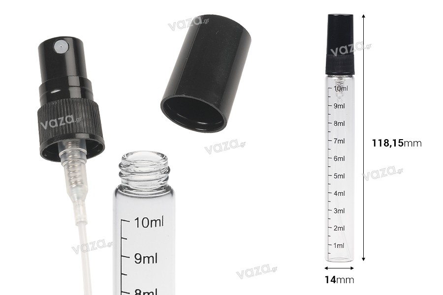 Γυάλινο διάφανο μπουκαλάκι 10 ml με διαβάθμιση, πλαστικό σπρέι και καπάκι - 6 τμχ