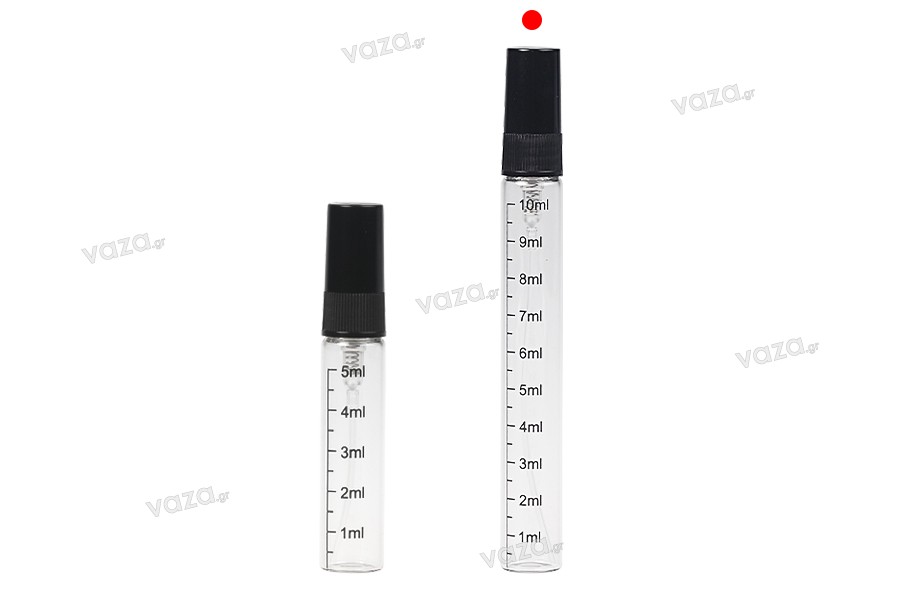 Clear glass bottle 10 ml with graduation, plastic spray and cap - 6 pcs