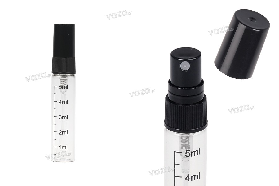 Transparente Glasflasche 5 ml mit Graduierung, Kunststoffspray und Verschluss – 6 Stück