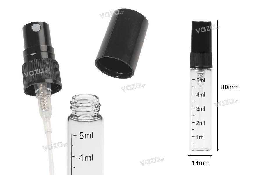 Flacone in vetro trasparente 5 ml con graduazione, spray in plastica e tappo - 6 pz