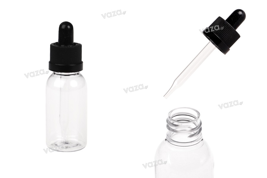 Πλαστικό (PET) διάφανο μπουκαλάκι 30 ml με μαύρο σταγονόμετρο με ασφάλεια CRC - 12 τμχ