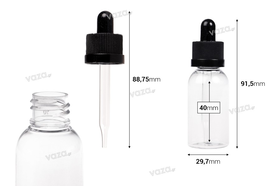 Πλαστικό (PET) διάφανο μπουκαλάκι 30 ml με μαύρο σταγονόμετρο με ασφάλεια CRC - 12 τμχ