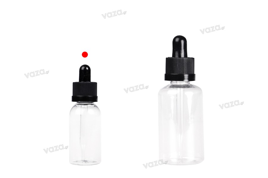 Πλαστικό (PET) διάφανο μπουκαλάκι 30 ml με μαύρο σταγονόμετρο με ασφάλεια CRC - 12 τμχ