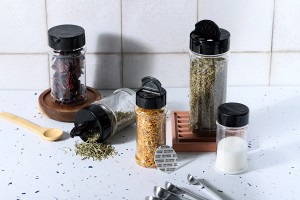 Barattolo per spezie in plastica trasparente (PET) (52x143 mm) 250 ml con coperchio nero e sigillo interno (PE)-εικόνα_σύνθεση