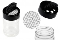 Transparent plastic (PET) spice jar (52x89 mm) 150 ml with black lid and inner seal (PE)