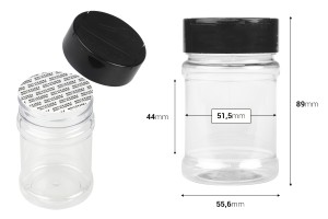 Pot à épices en plastique transparent (PET) (52x89 mm) 150 ml avec couvercle noir et joint intérieur (PE)-2