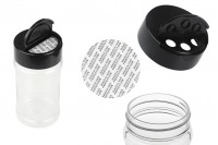 Transparent plastic (PET) spice jar (52x109 mm) 170 ml with black lid and inner seal (PE)