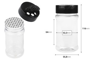 Pot à épices en plastique transparent (PET) (52x109 mm) 170 ml avec couvercle noir et joint intérieur (PE)-εικόνα_διαστάσεις