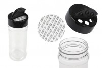 Transparent plastic (PET) spice jar (52x143 mm) 250 ml with black lid and inner seal (PE)