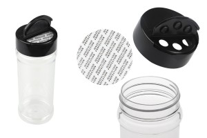 Transparente Gewürzdose aus Kunststoff (PET) (52x143 mm) 250 ml mit schwarzem Deckel und Innendichtung (PE)-εικόνα_προϊοντική