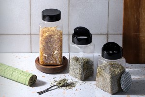 Barattolo per spezie in plastica trasparente (PET) (52x122 mm) 250 ml con coperchio nero e sigillo interno (PE)-εικόνα_σύνθεση