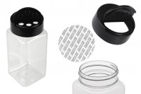 Transparent plastic (PET) spice jar (52x122 mm) 250 ml with black lid and inner seal (PE)